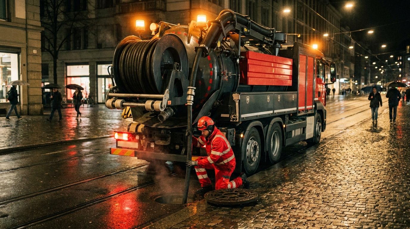 Kanalreinigungsfahrzeug bei einem Einsatz auf einer nassen Strasse in Zürich.
