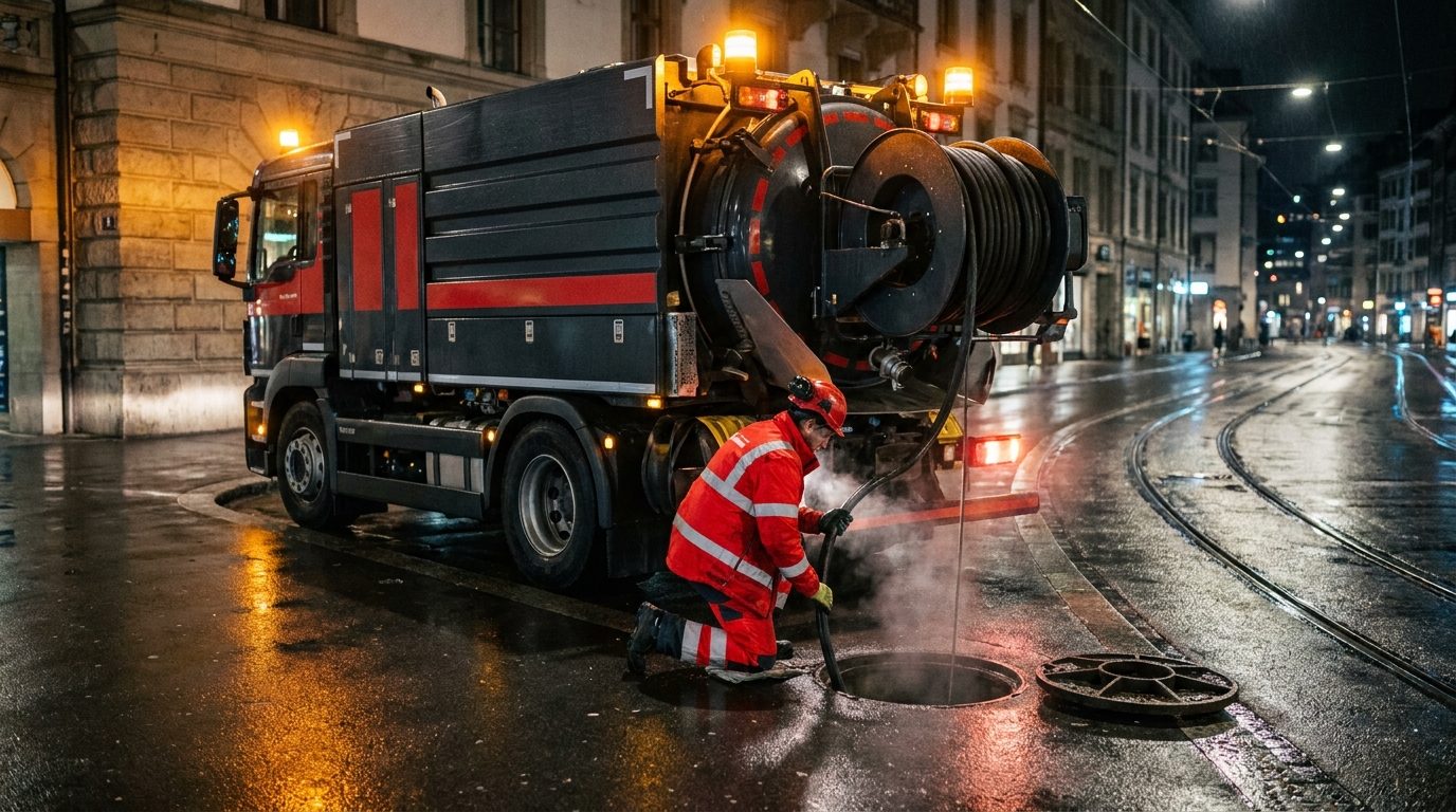Nächtlicher Kanalreinigungs-Einsatz in Zürich: Spülwagen am Strassenrand, Mitarbeiter führt den Hochdruckschlauch in den offenen Schacht.