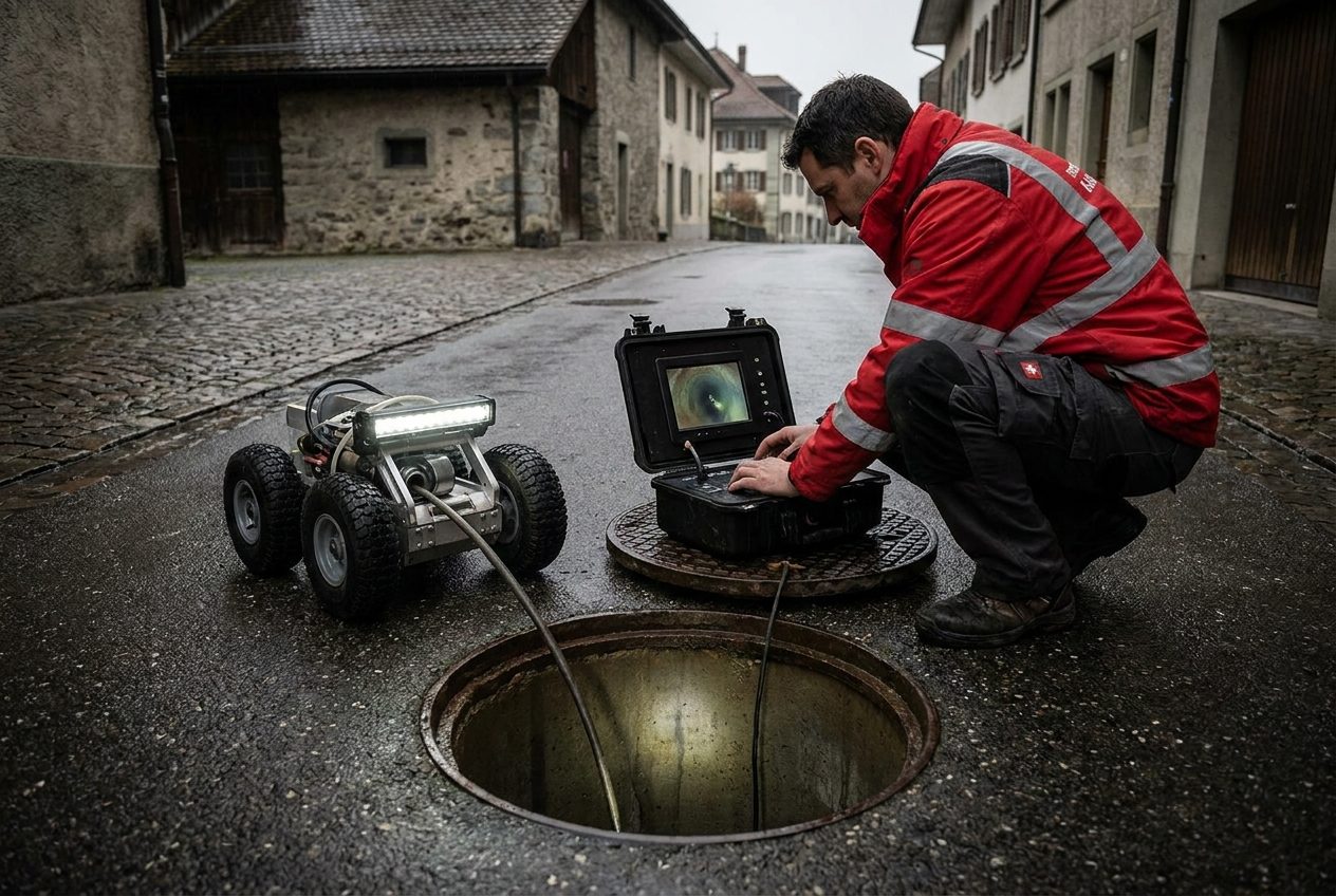 Techniker bedient am offenen Schacht die Steuereinheit einer Kanal-Kamerainspektion.