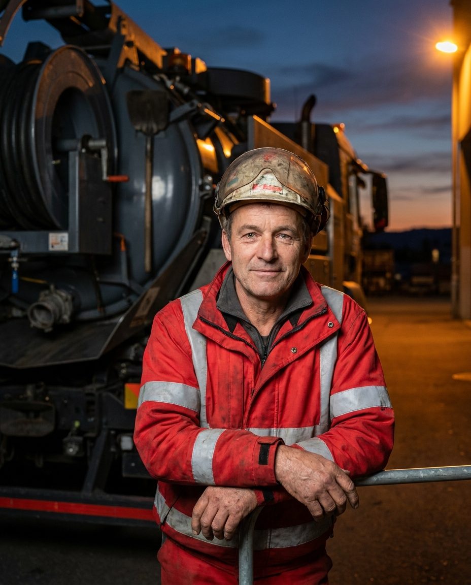 Mitarbeiter in roter Warnschutzkleidung mit Helm vor einem Spülwagen in der Abenddämmerung.
