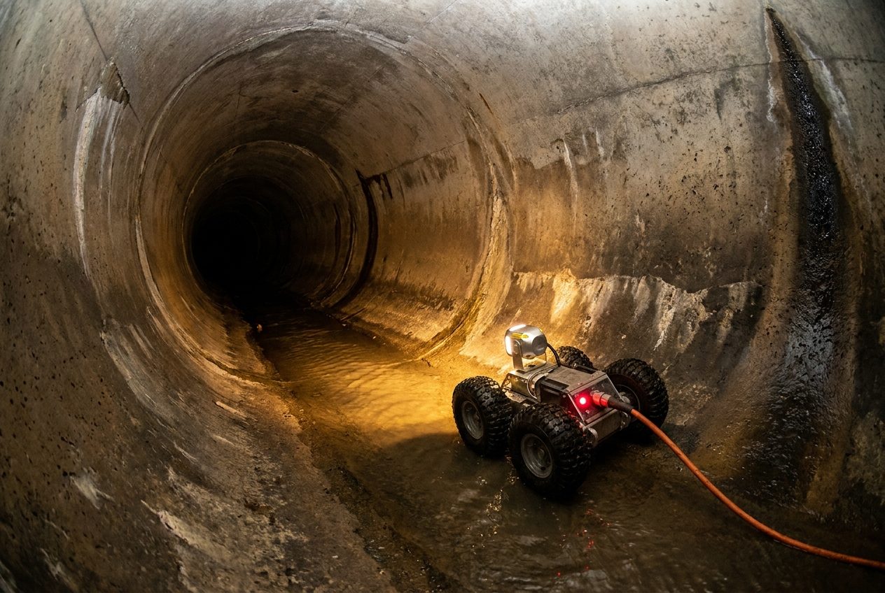 Kamera-Roboter mit Scheinwerfer fährt durch ein grosses Betonrohr im Kanalsystem.